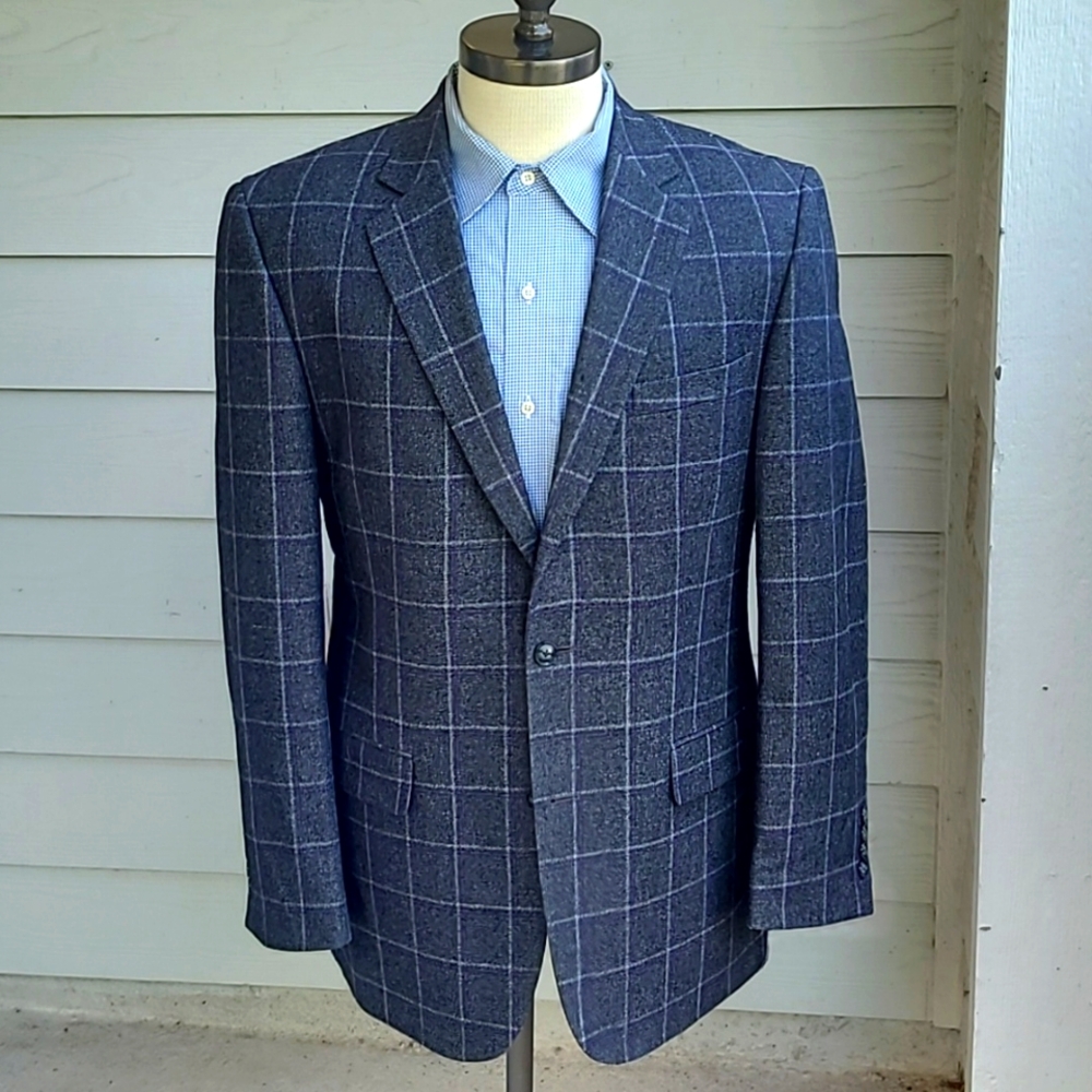 KROON Dark Grey Purple Windowpane Plaid Wool Blend Sz 42 R Mens Sport Coat